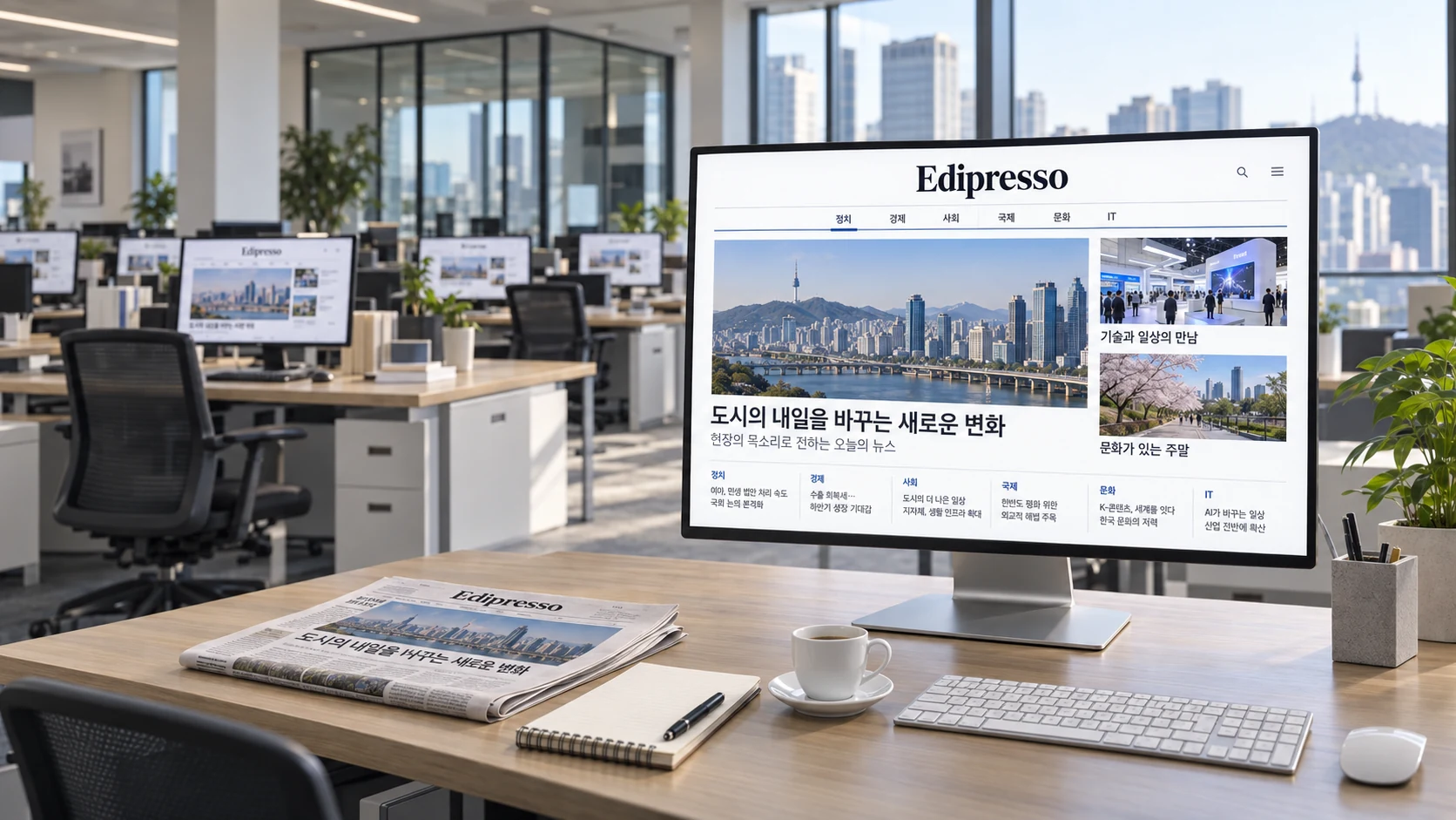 여러 기자석 모니터에 Edipresso 한글 뉴스 사이트가 보이는 현대적인 편집국